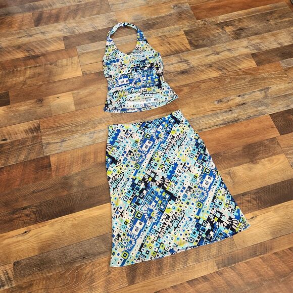 90s/Early 2000s Vtg Halter Top & Skirt Set Geometric Beach Party Summer Outfit - Picture 1 of 8